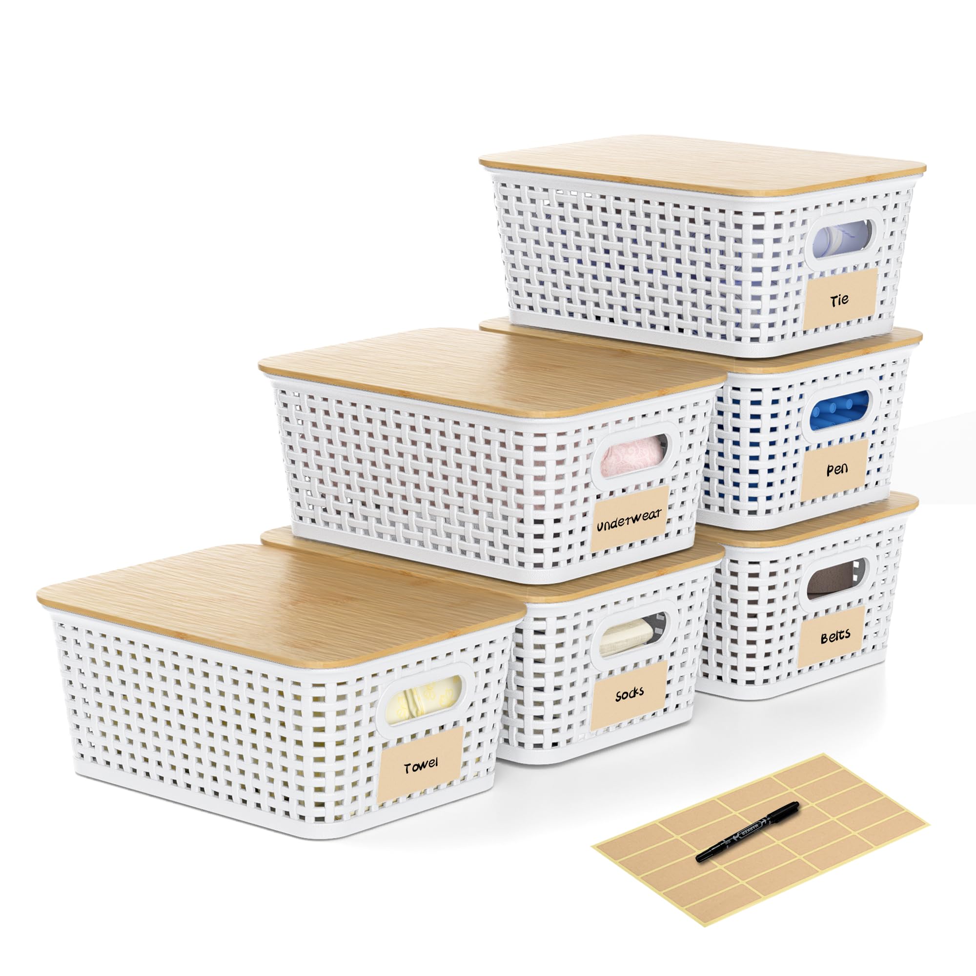 Wrrlors front view of six white baskets showing tidy storage