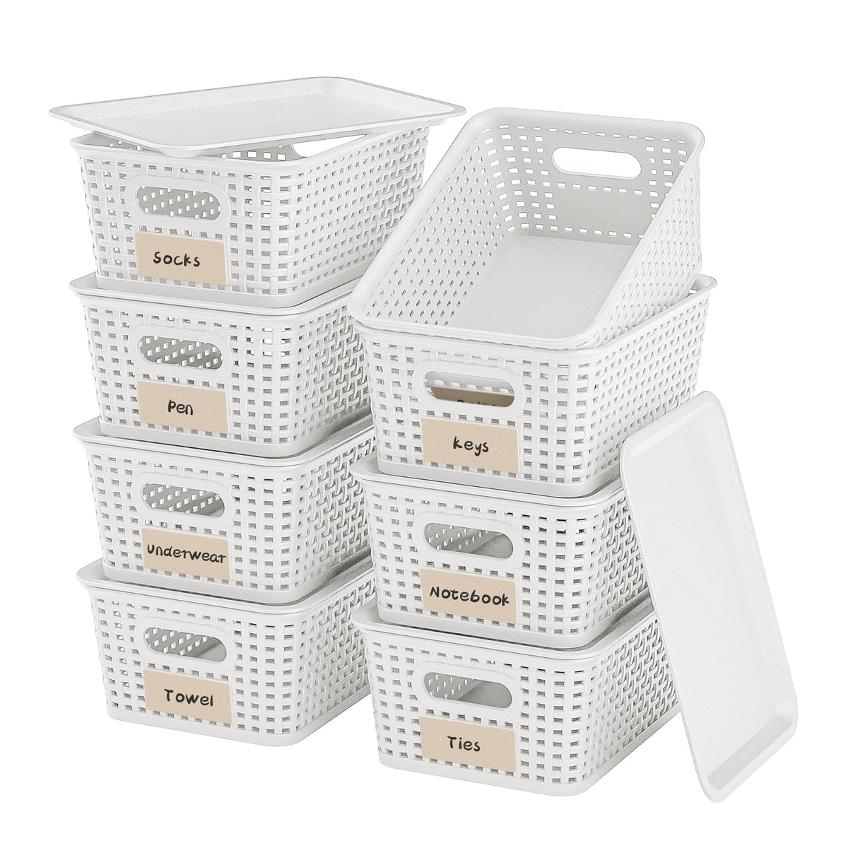 Wrrlors front view of eight white baskets showing neat storage benefit