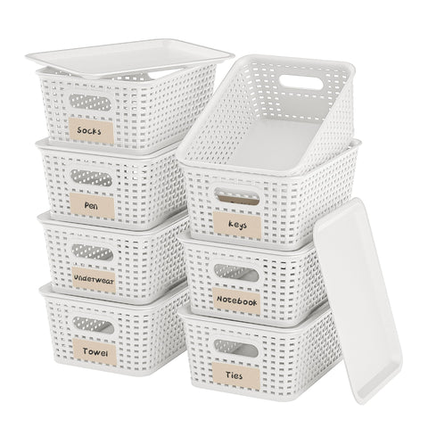 Wrrlors front view of eight white baskets showing neat storage benefit