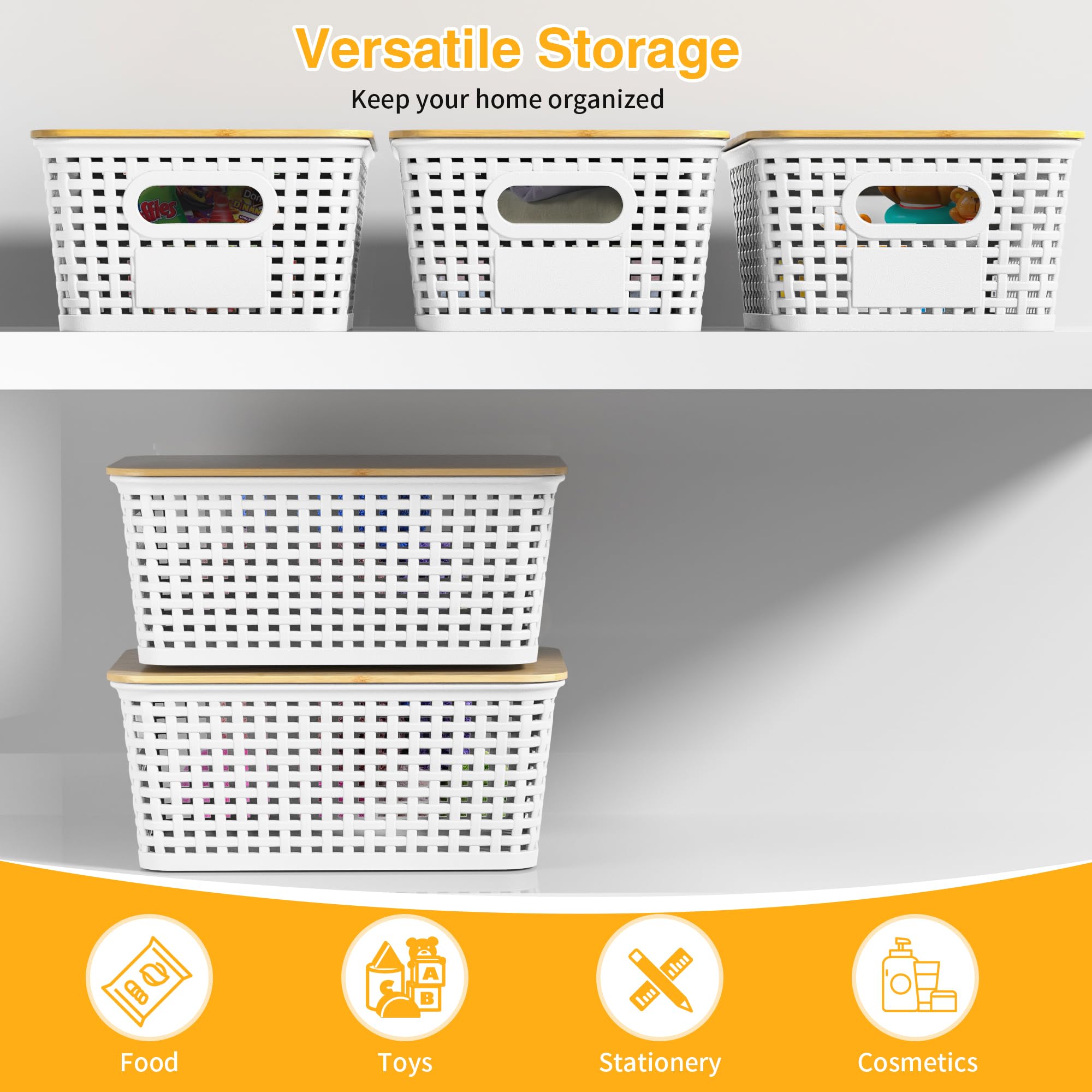 Wrrlors baskets arranged in closet creating organized storage
