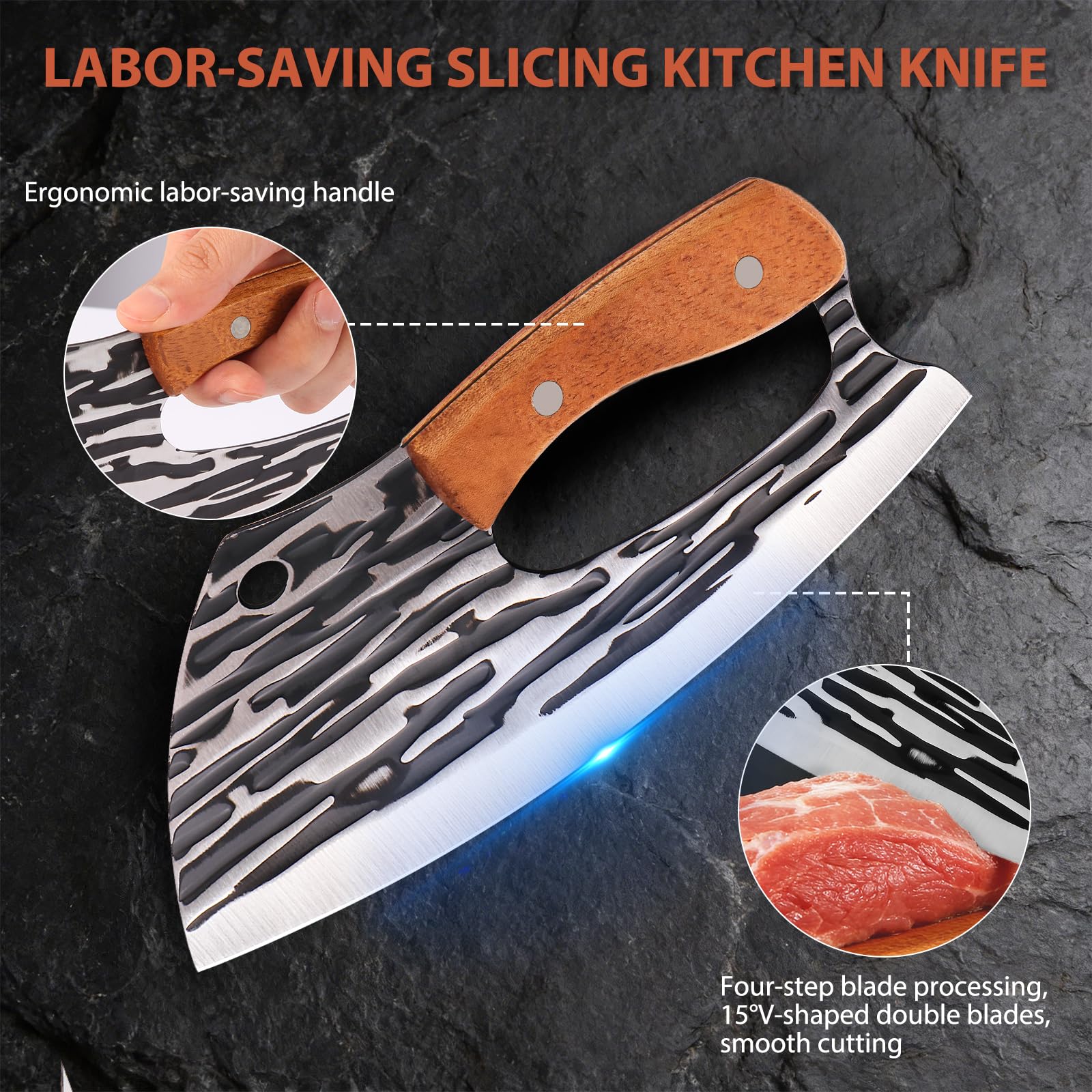 Wruhamd cleaver handle closeup showing solid wood grip to reduce wrist fatigue