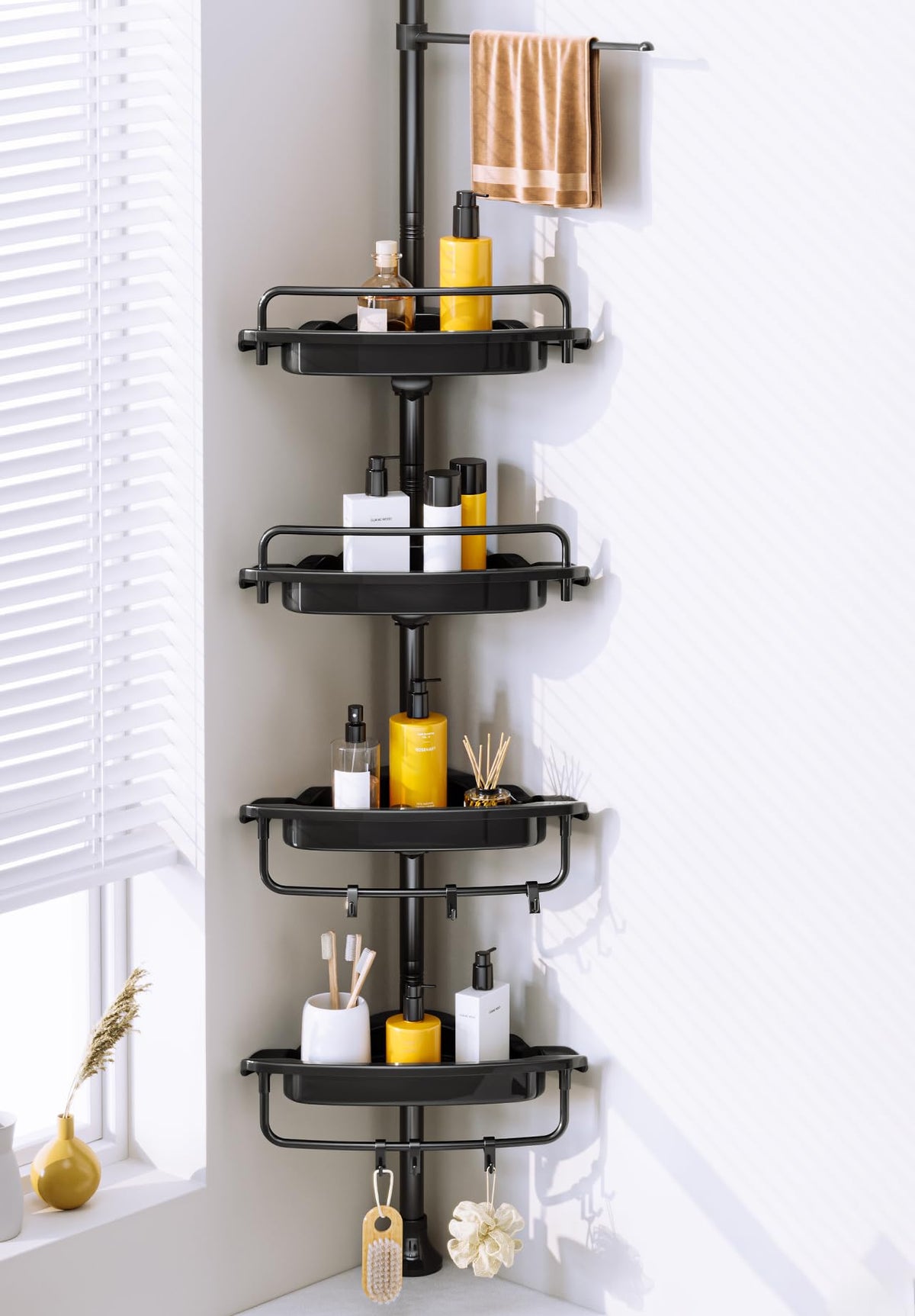 WSBArt front view of shower caddy showing stable design and organized storage