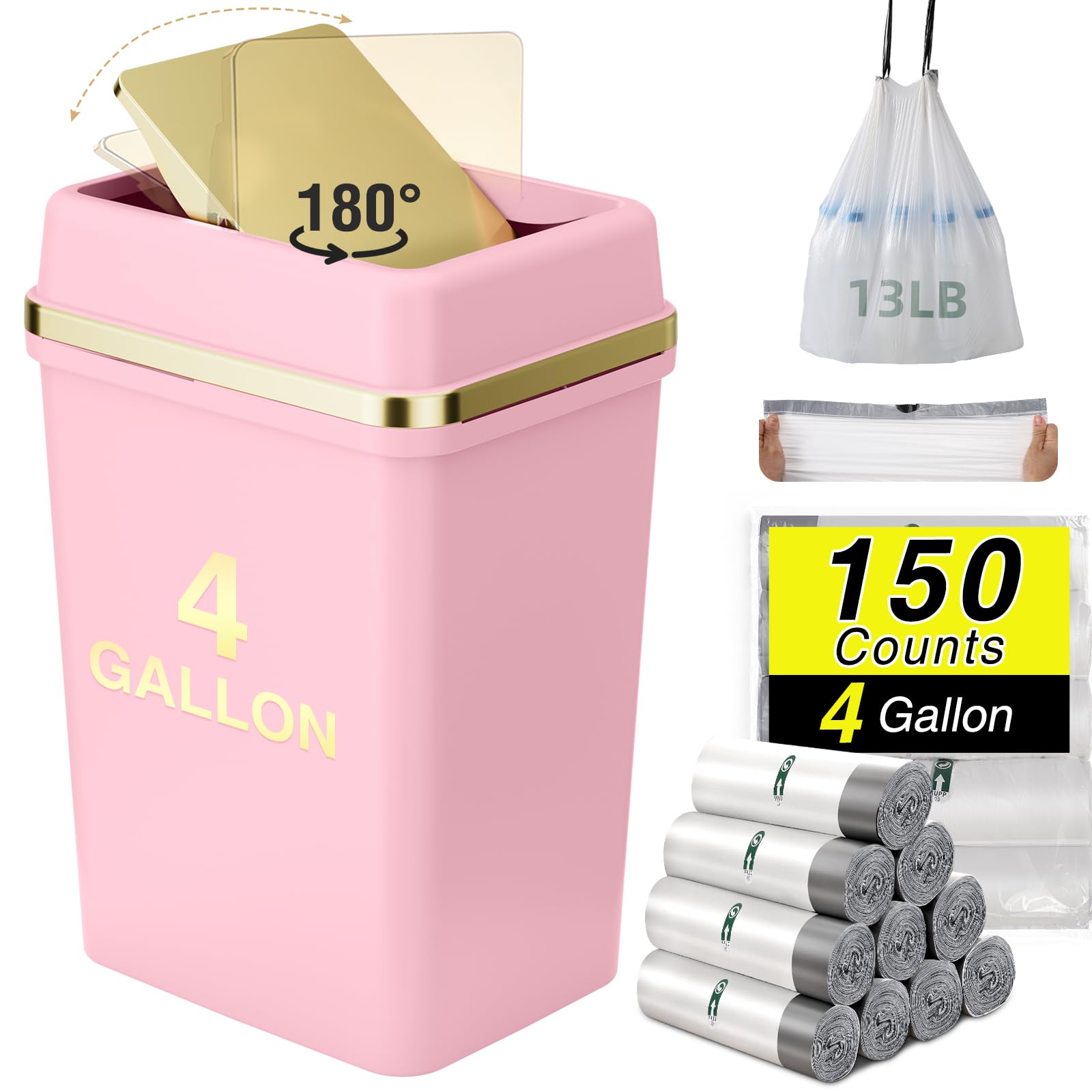 WSBArt pink trash can front view showing compact design and lid benefit