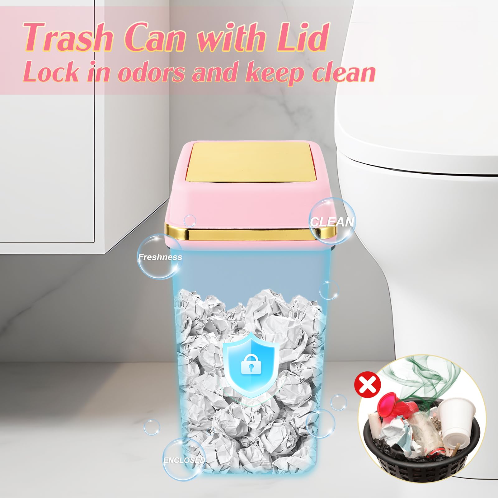 WSBArt pink trash can next to toilet showing true 4 gallon scale