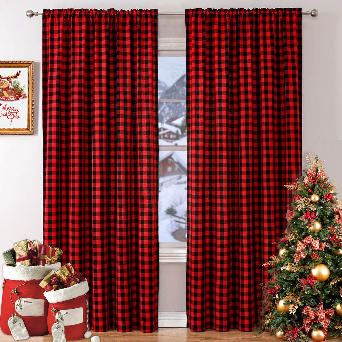 WUBODTI front view of red buffalo plaid curtains showing full panel and pattern — cozy styling