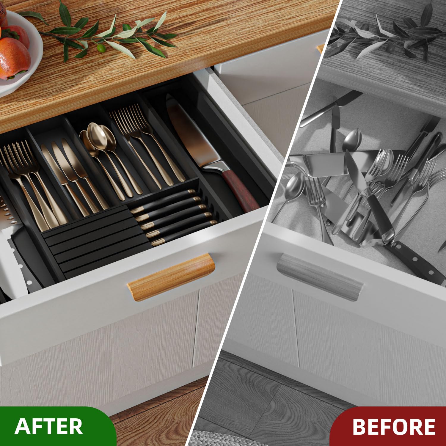 WUSHIZHUHUN tray expanded to show adjustable width fitting various drawer sizes