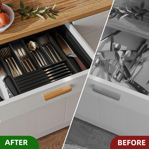 WUSHIZHUHUN tray expanded to show adjustable width fitting various drawer sizes