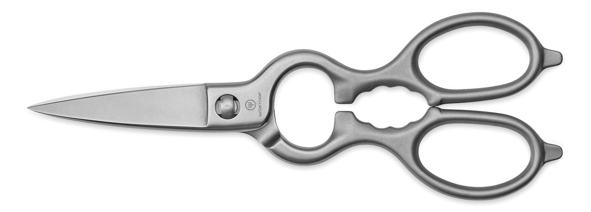Wüsthof front view showing brushed stainless shears and ergonomic handle for comfort