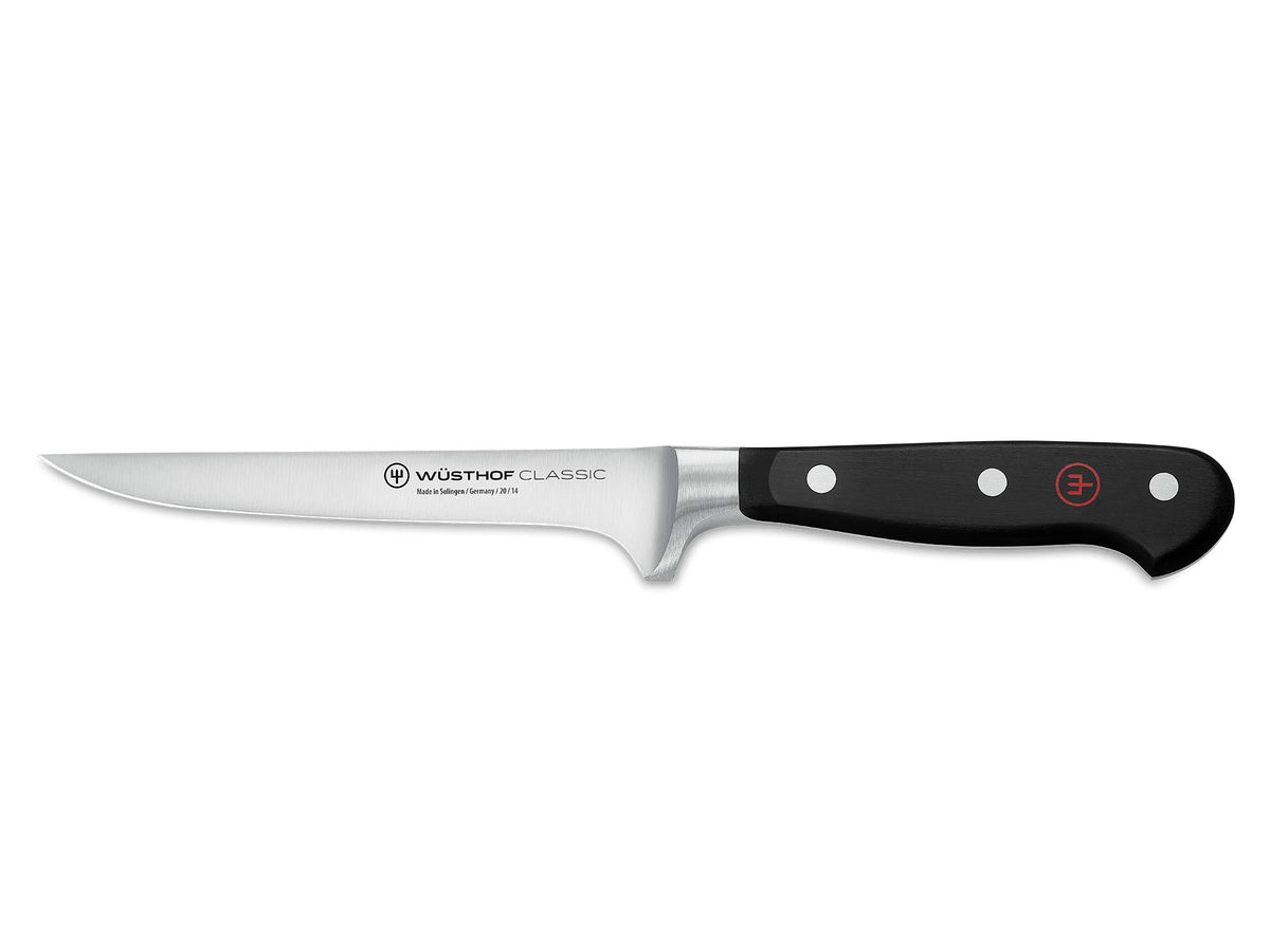 Wüsthof Classic 5" boning knife front view showing blade and black handle for precise trimming