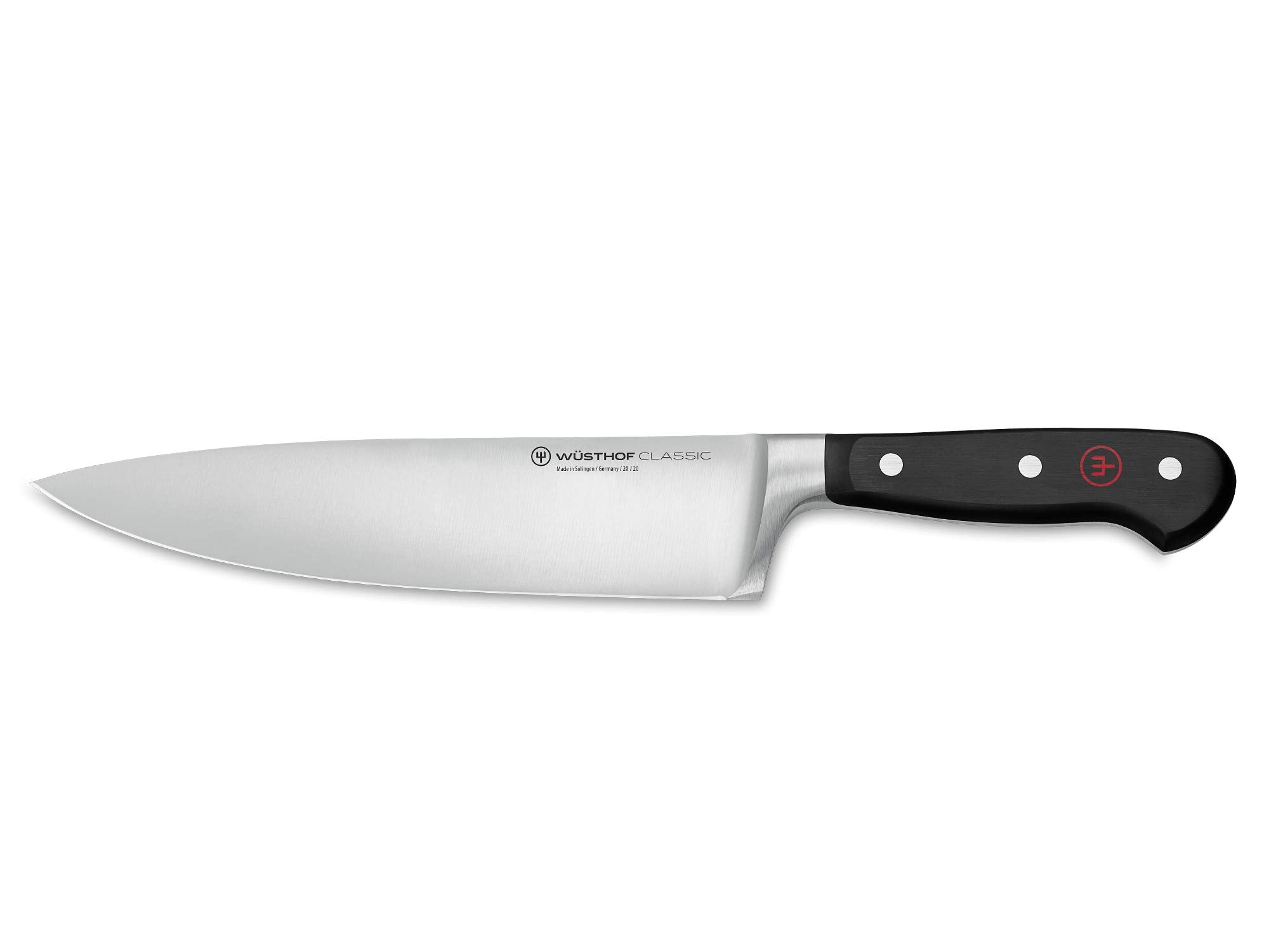 Wüsthof front view of 8" Classic chef's knife showing blade and handle, demonstrating balance