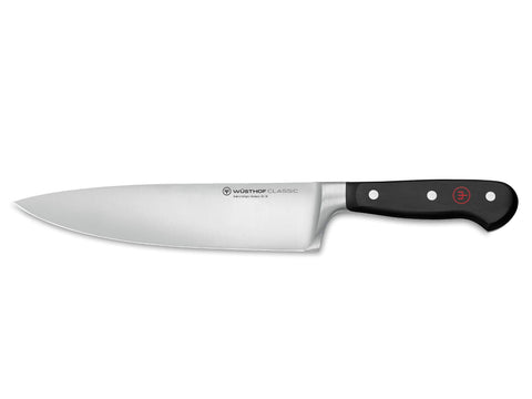 Wüsthof front view of 8" Classic chef's knife showing blade and handle, demonstrating balance
