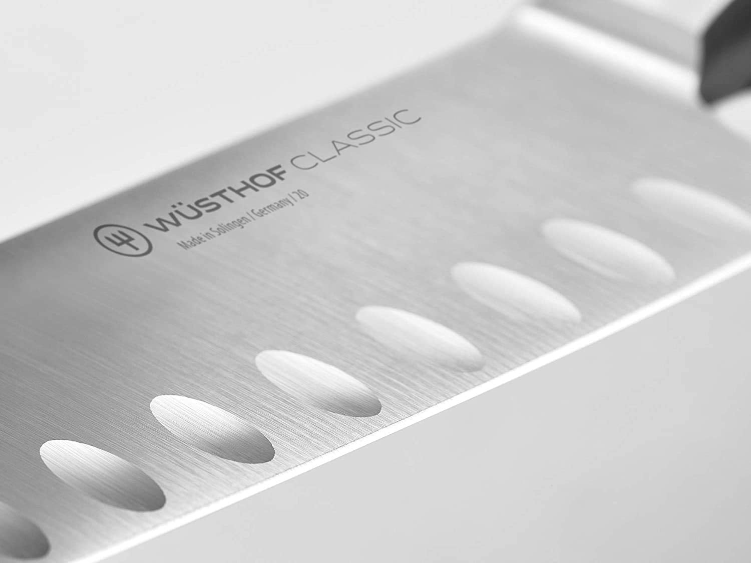 Wüsthof Classic 8-inch carving knife blade close-up highlighting sharp hollow-edge for cleaner cuts