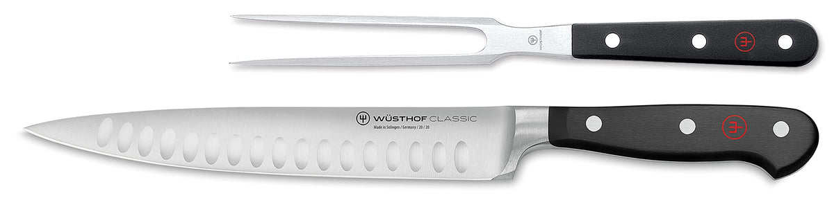 Wüsthof Classic carving set front package showing knife and fork, showcasing premium quality