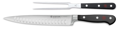 Wüsthof Classic carving set front package showing knife and fork, showcasing premium quality
