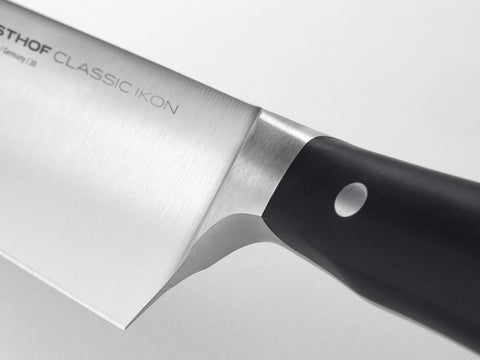 Wüsthof Classic Ikon blade closeup showing forged edge and long-lasting sharpness