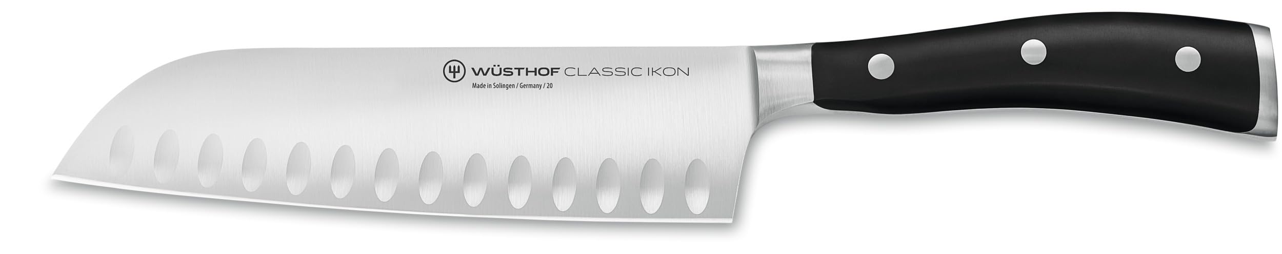 Wüsthof Classic IKON santoku front view showing balanced shape and black handle for precise cutting