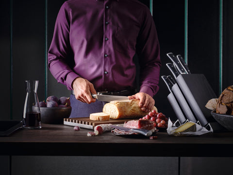 Wüsthof Classic IKON santoku slicing vegetables demonstrating cleaner cuts and efficient prep