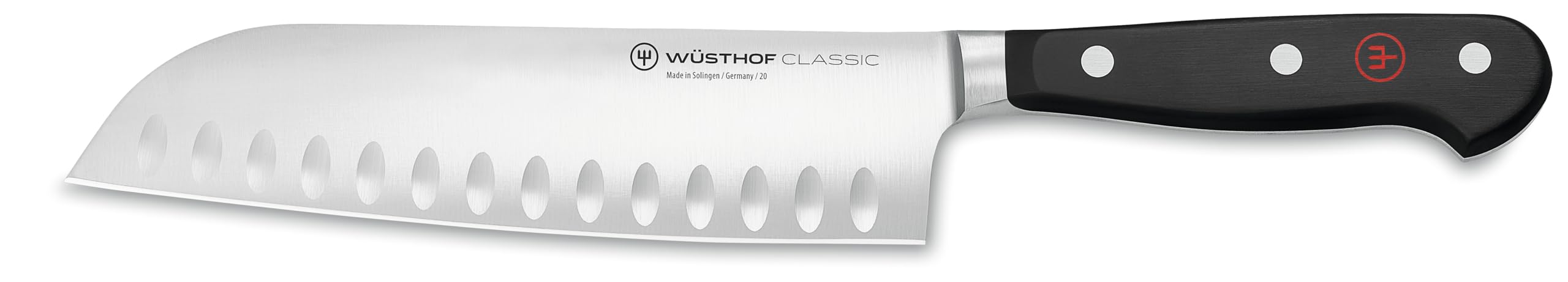 Wüsthof Classic Santoku front view showing balanced profile and sharpness benefit