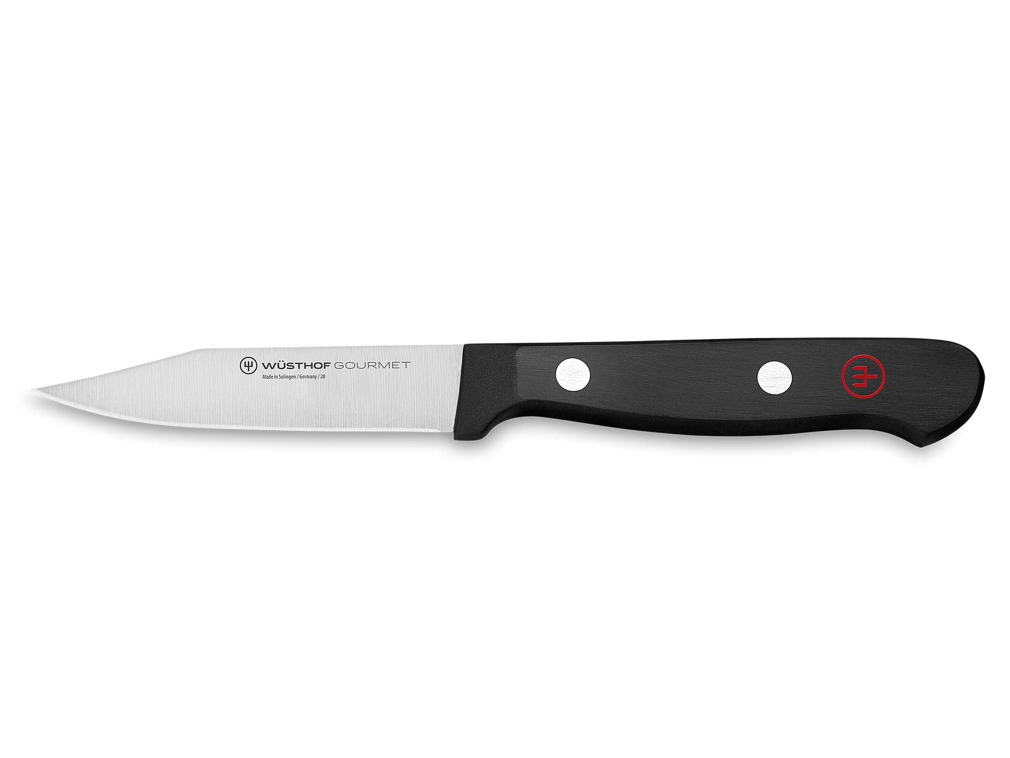 Wüsthof front view of 3 inch paring knife showing slim blade and balance benefit