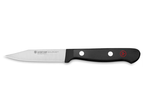 Wüsthof front view of 3 inch paring knife showing slim blade and balance benefit