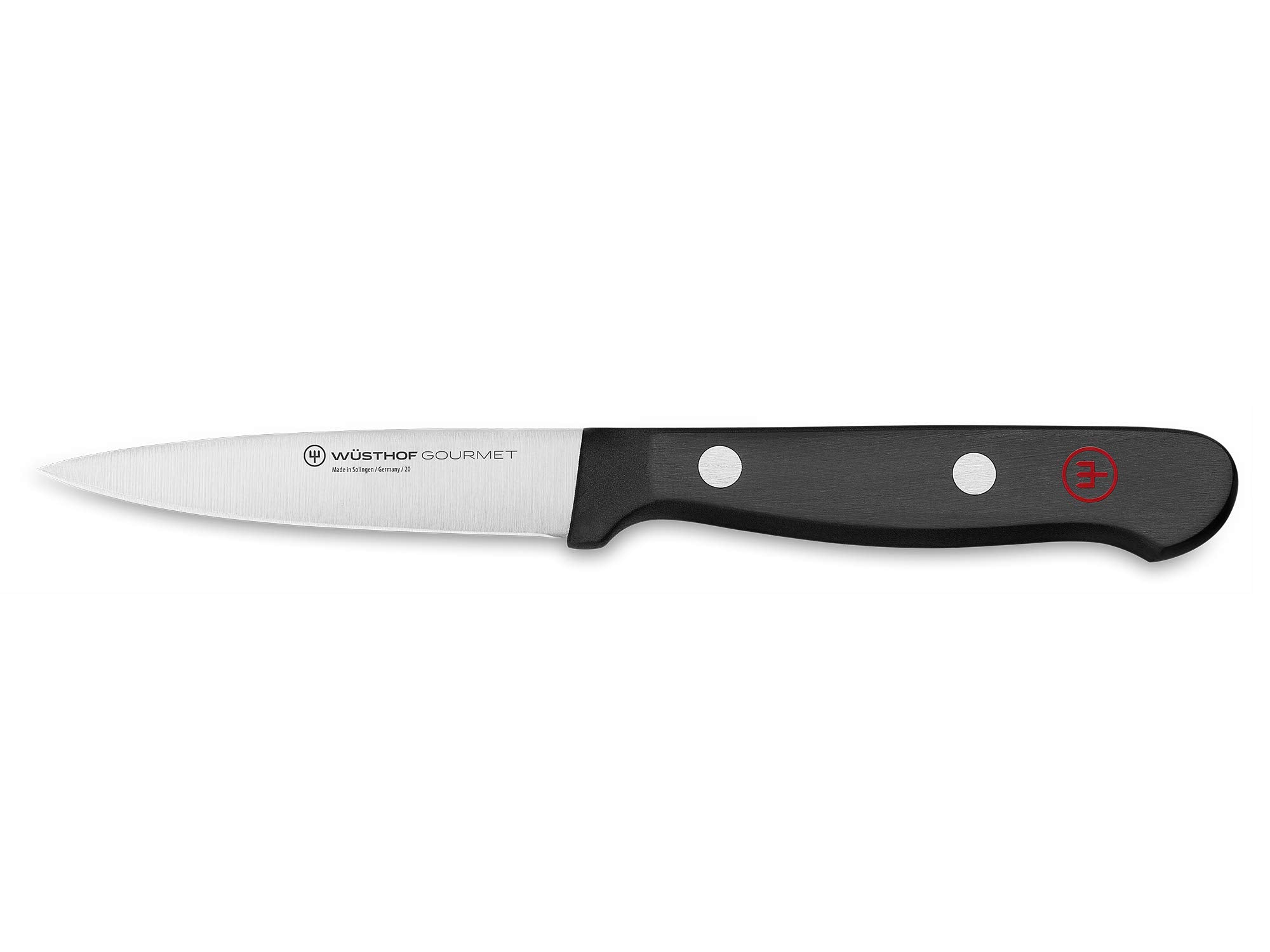 Wüsthof paring knife front view showing black handle and compact blade for controlled prep
