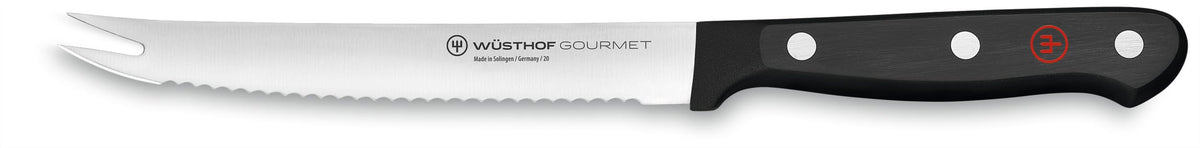 Wüsthof front view of 5-inch tomato knife showing balanced design and precision