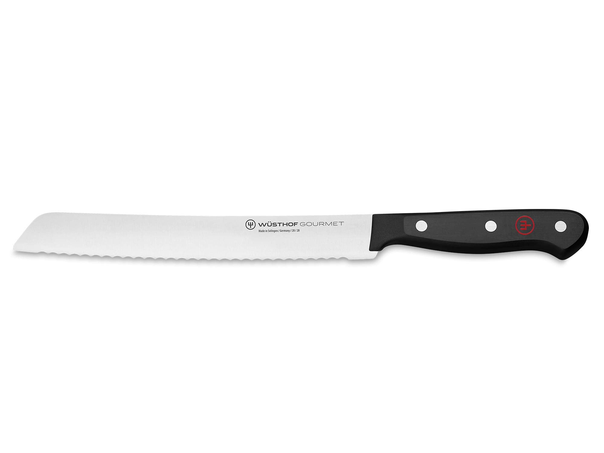 Wüsthof Gourmet front view of 8-inch bread knife showing full blade and handle, durable slicing