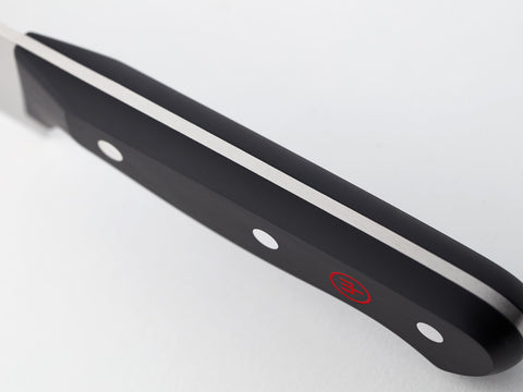 Wüsthof close-up of laser-cut blade edge showing precision and sharpness