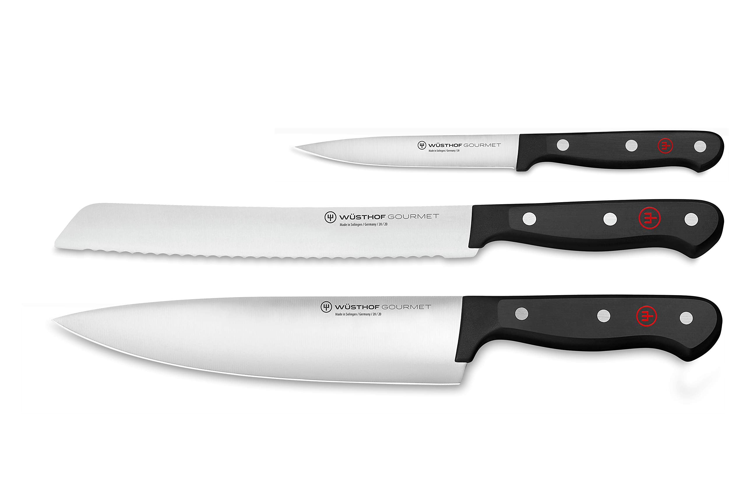 Wüsthof three-piece set front packaging showing knives and black handles, clear benefit