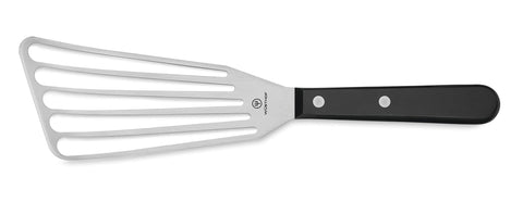Wüsthof offset slotted spatula front view showing slim blade and handle for precise control
