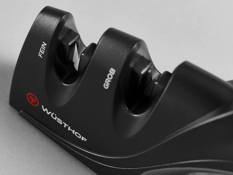 Wüsthof sharpener cartridge detail displaying carbide and ceramic materials for performance