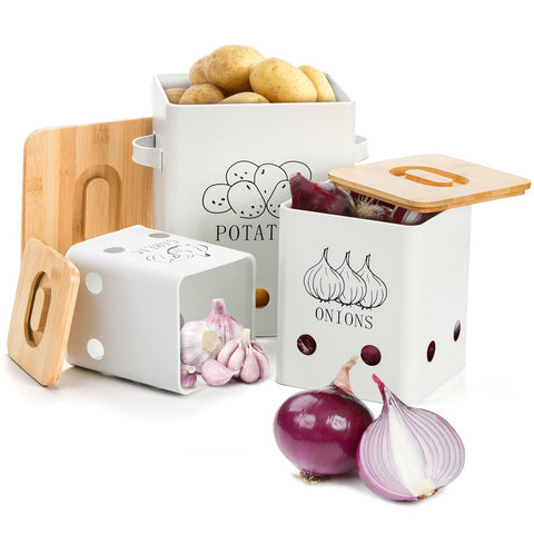 WUWEOT tins on countertop organizing onions and garlic for easy access