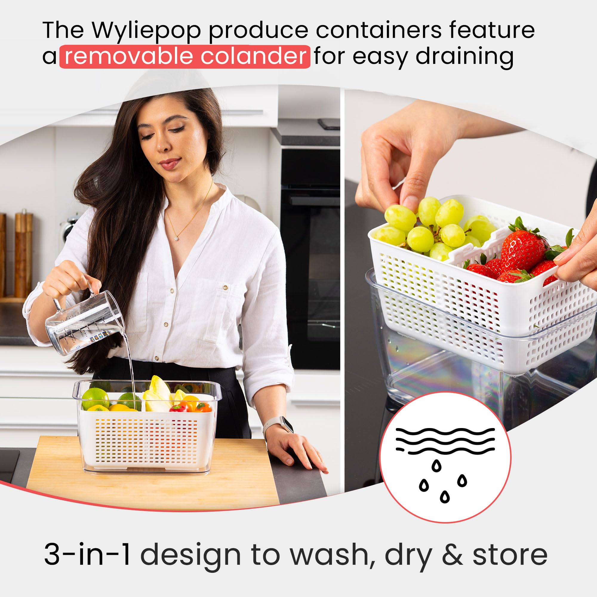 Wyliepop container in use rinsing berries to reduce excess moisture