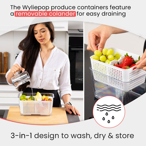 Wyliepop container in use rinsing berries to reduce excess moisture