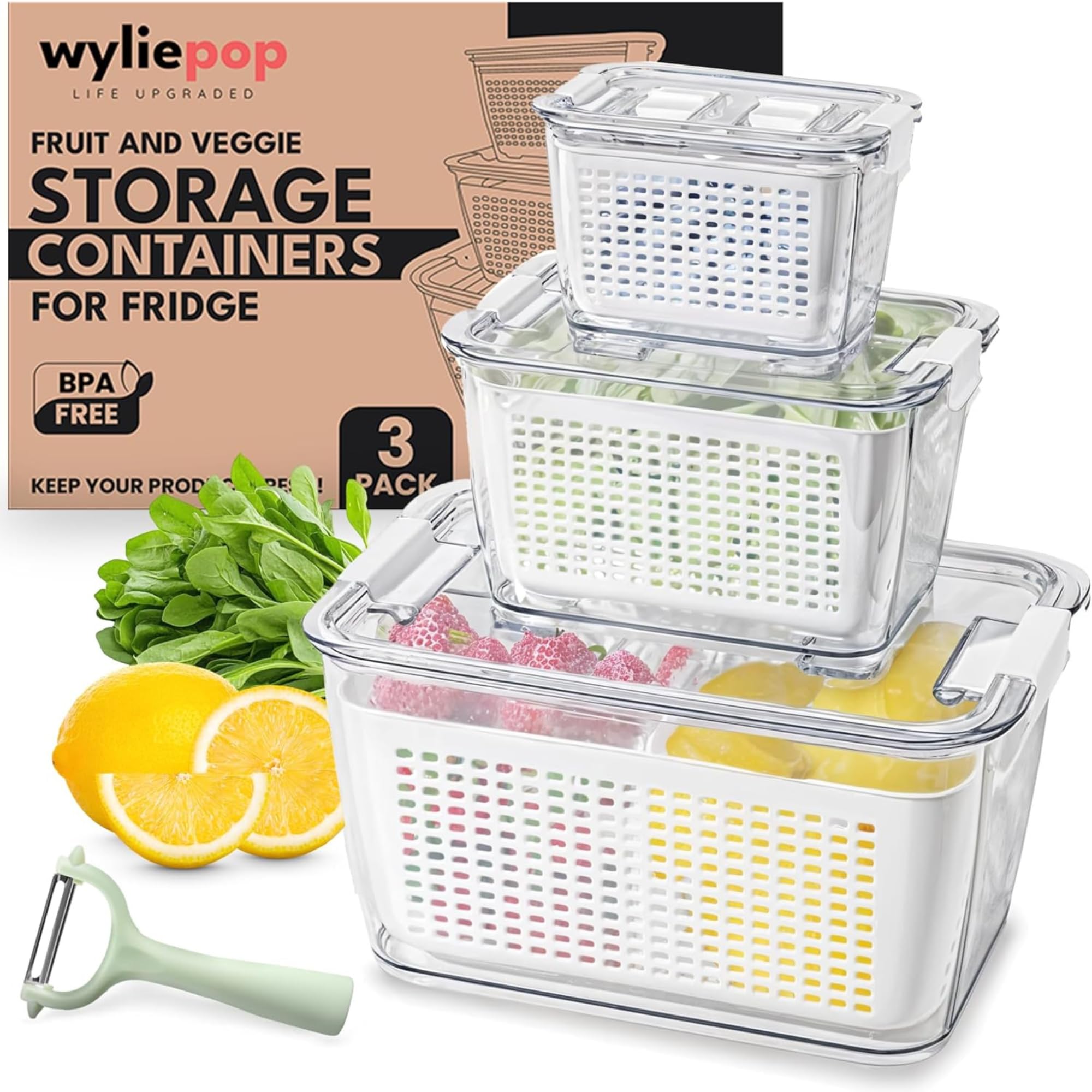 Wyliepop front view with packed fridge showing organized produce and freshness