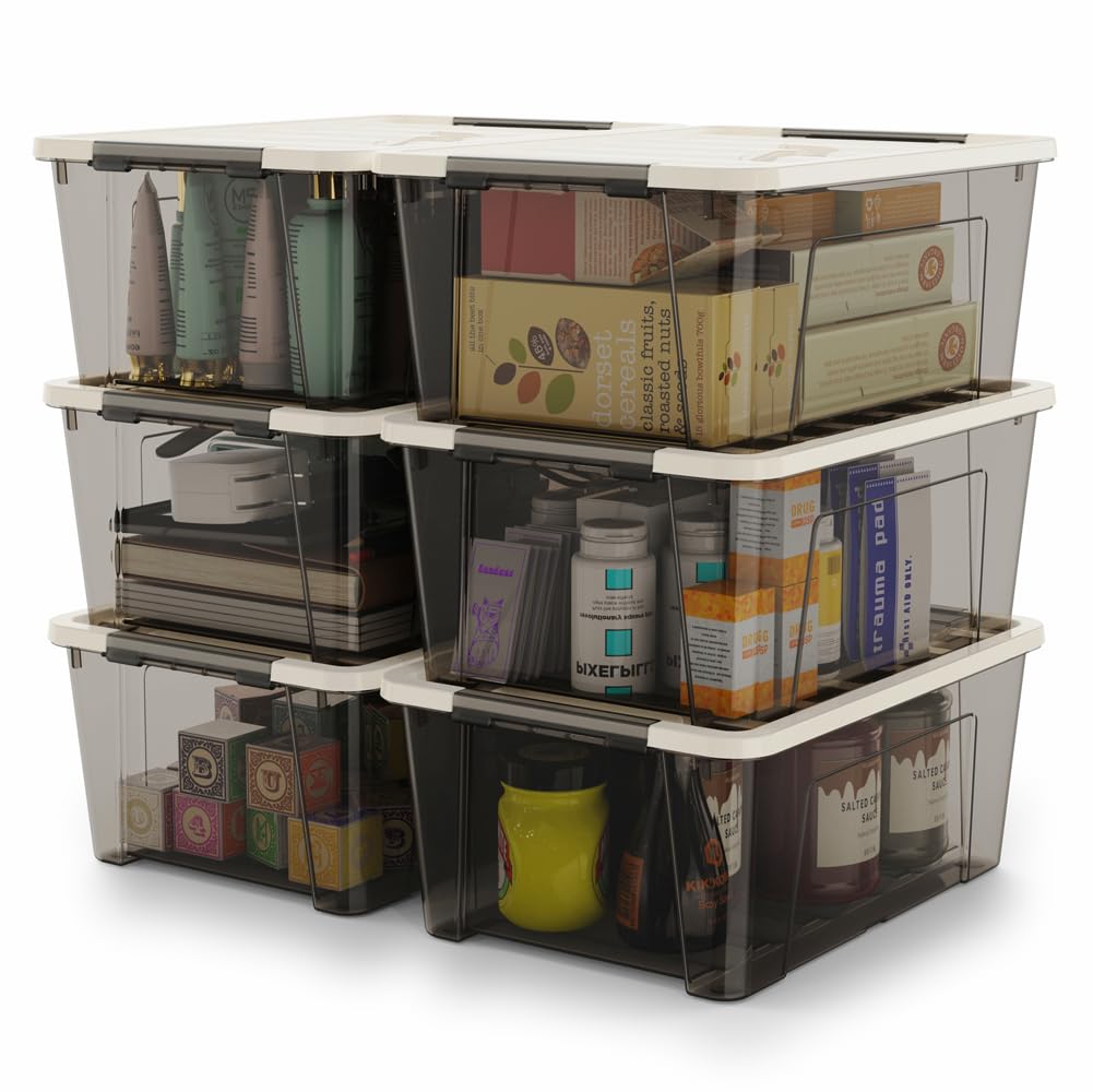 WYT front view of six clear bins showing compact stackable storage benefit