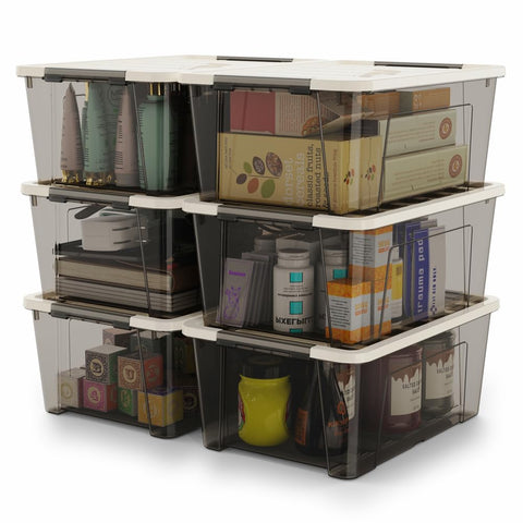 WYT front view of six clear bins showing compact stackable storage benefit