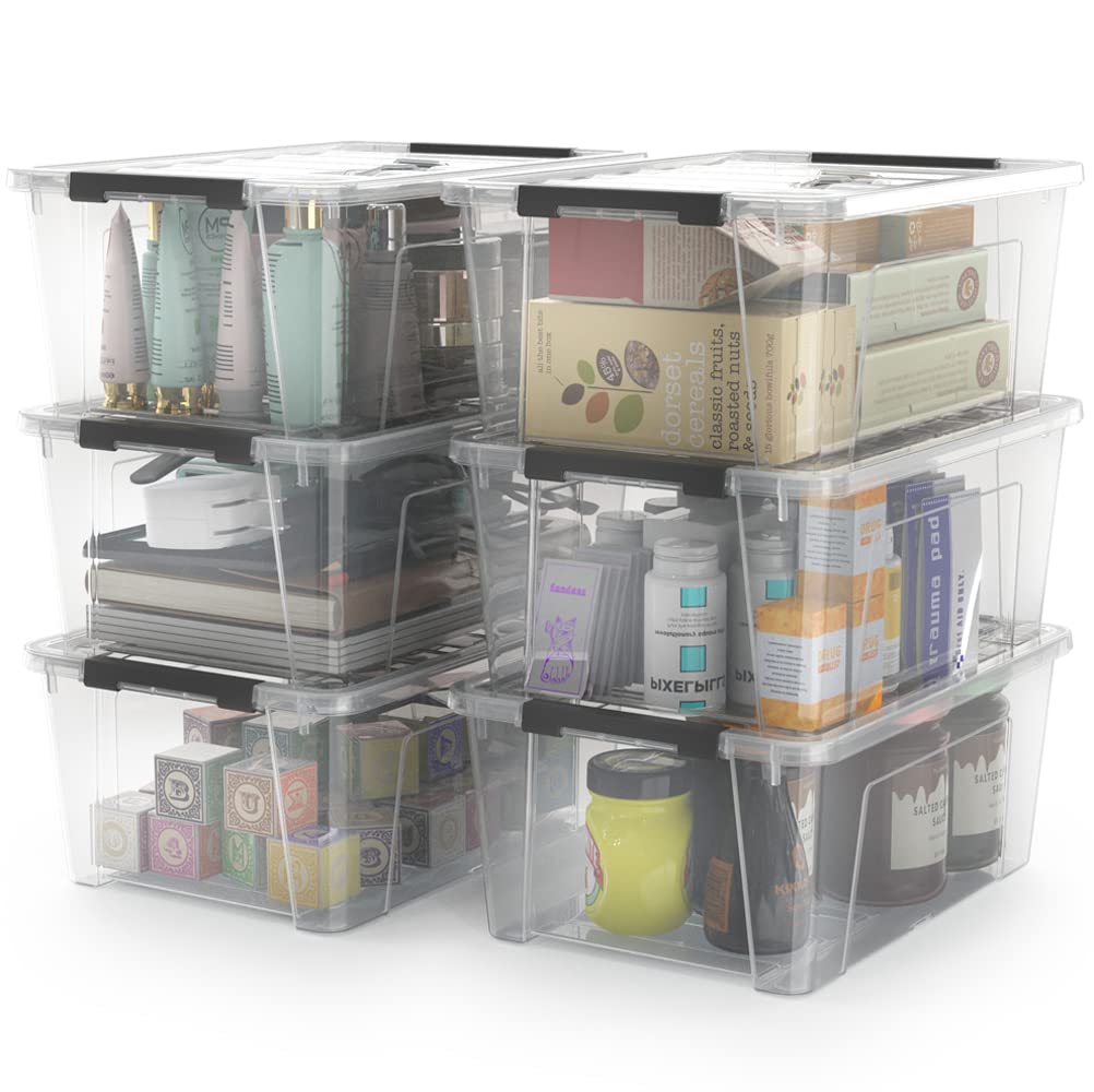 WYT front view of six clear storage bins showing compact pack and tidy look