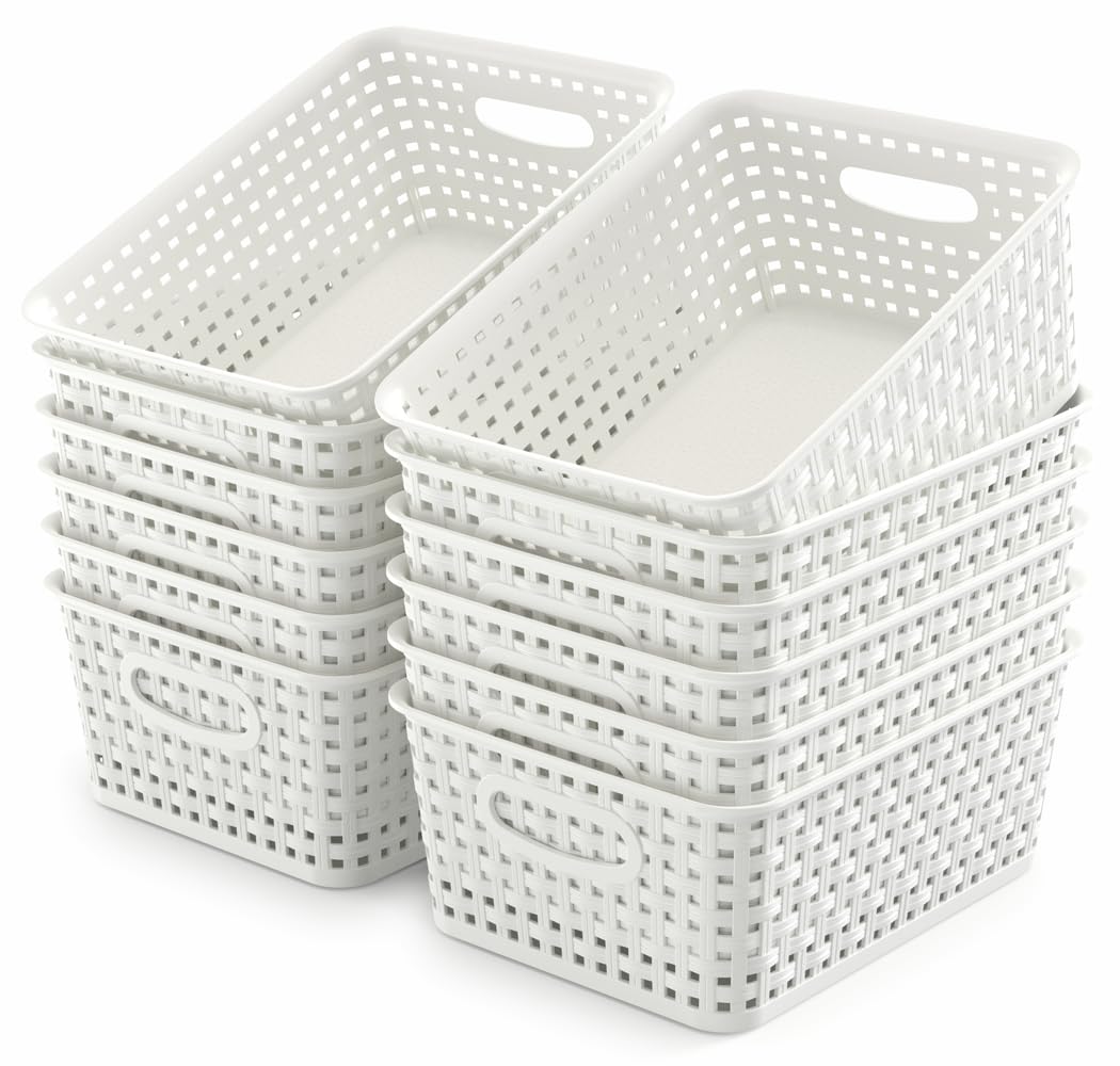 WYT front view of 12 white weave baskets shows tidy uniform storage benefits