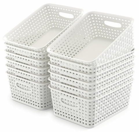 WYT front view of 12 white weave baskets shows tidy uniform storage benefits