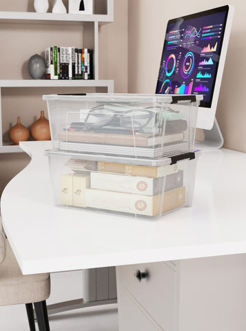 WYT placed on closet shelf showing how bins fit narrow spaces