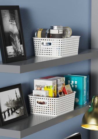 WYT baskets stacked and nested to save shelf space when stored