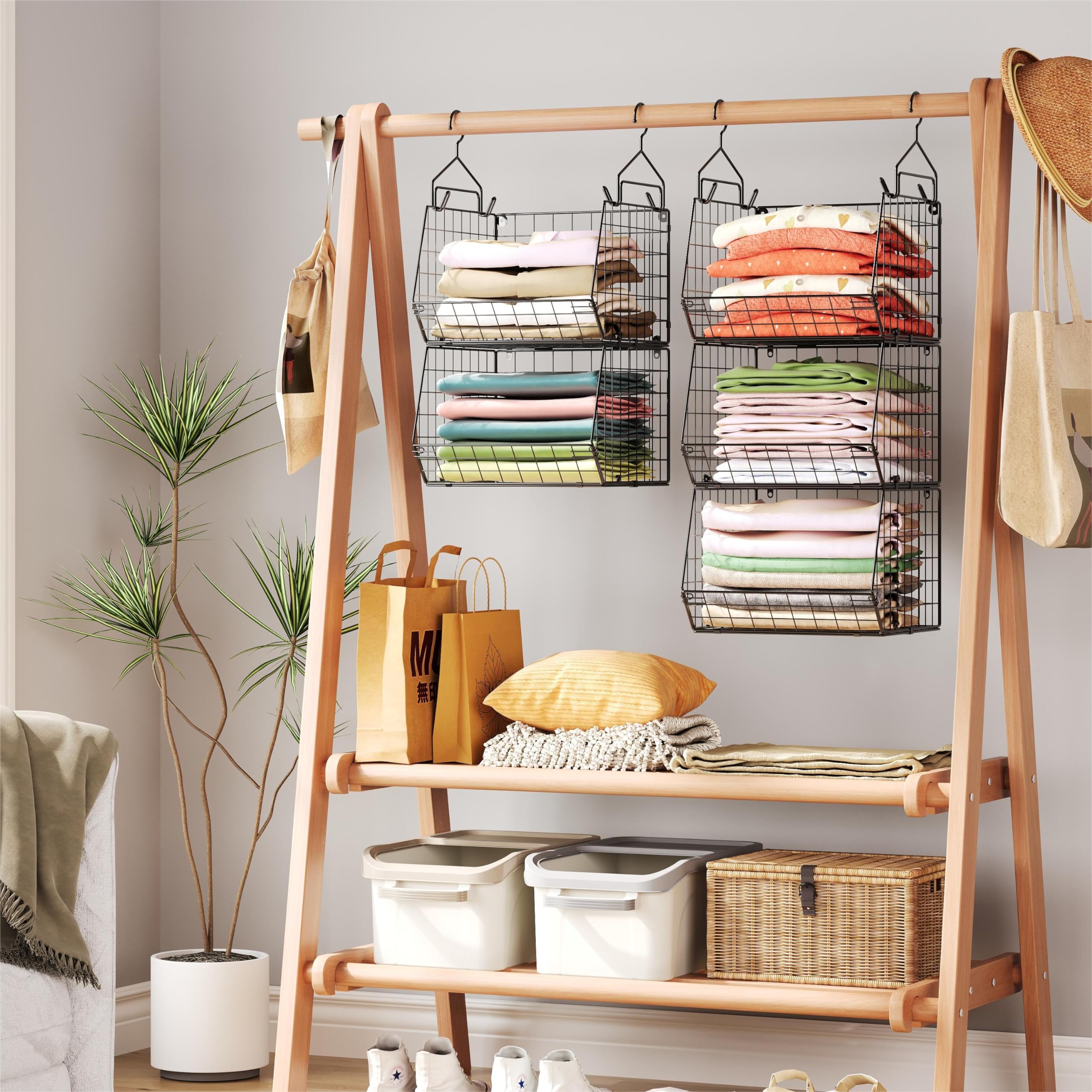 X-cosrack basket holding shoes and sweaters showing tidy, visible access