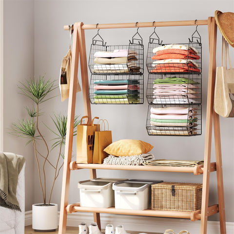 X-cosrack basket holding shoes and sweaters showing tidy, visible access