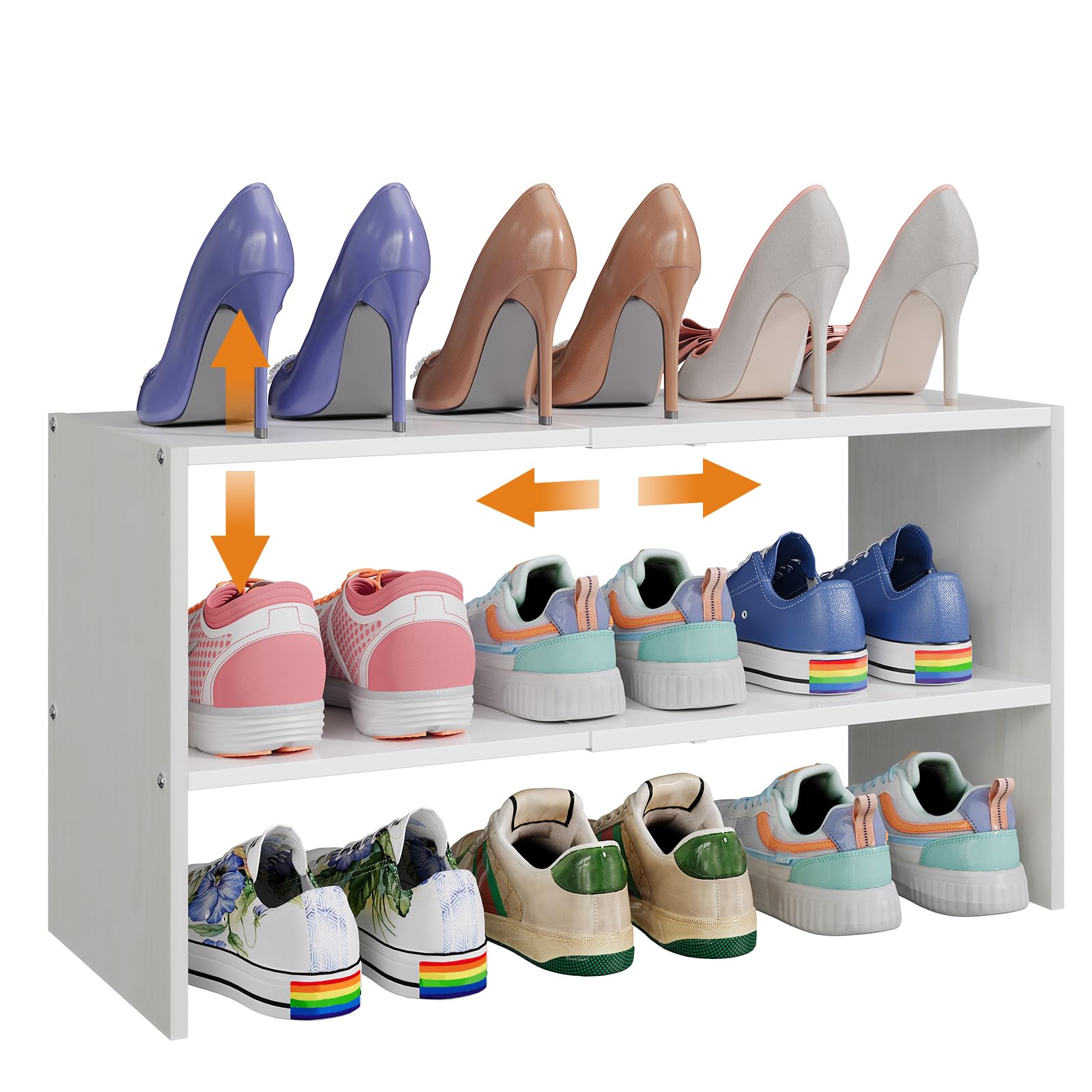 X-cosrack front view assembled showing compact organized shoes and space savings