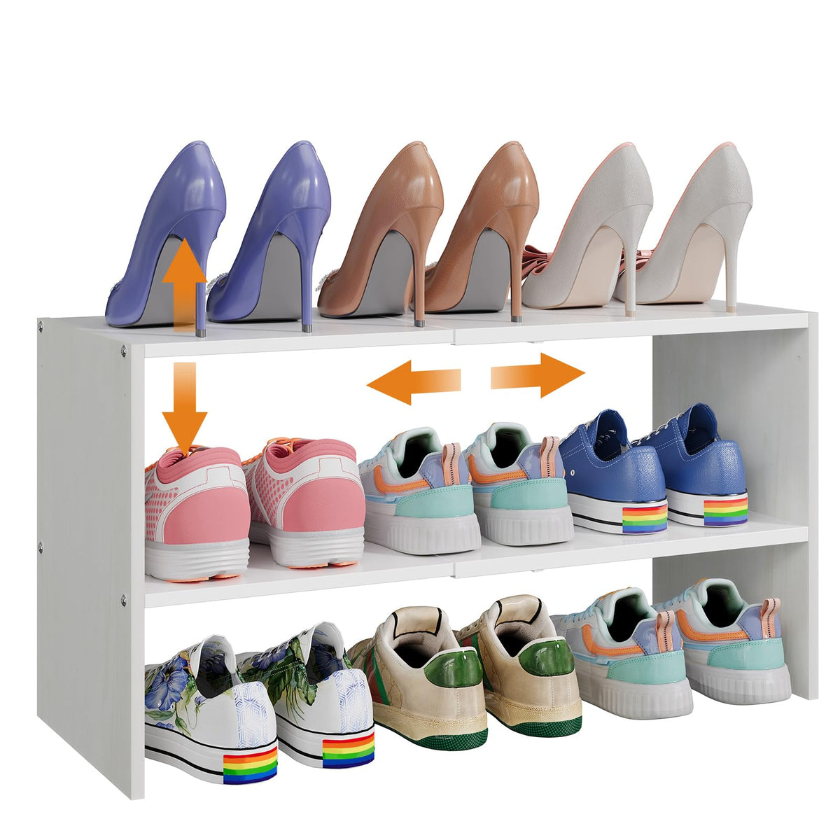 X-cosrack front view assembled showing compact organized shoes and space savings