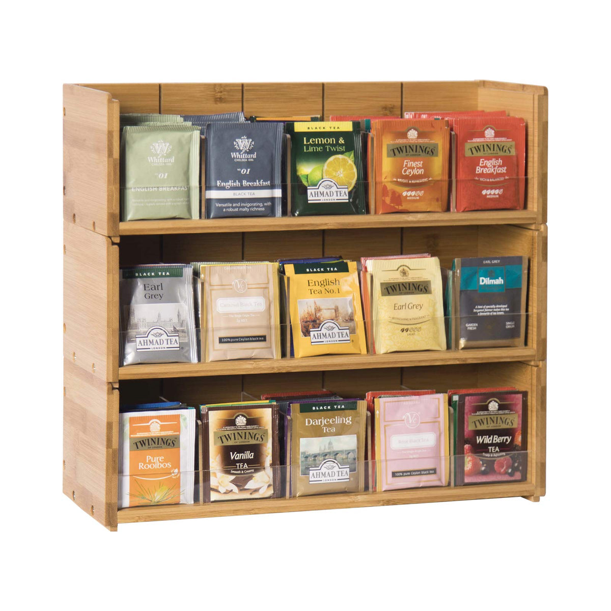 X-cosrack front view showing full stacked organizer and neat tea display benefit