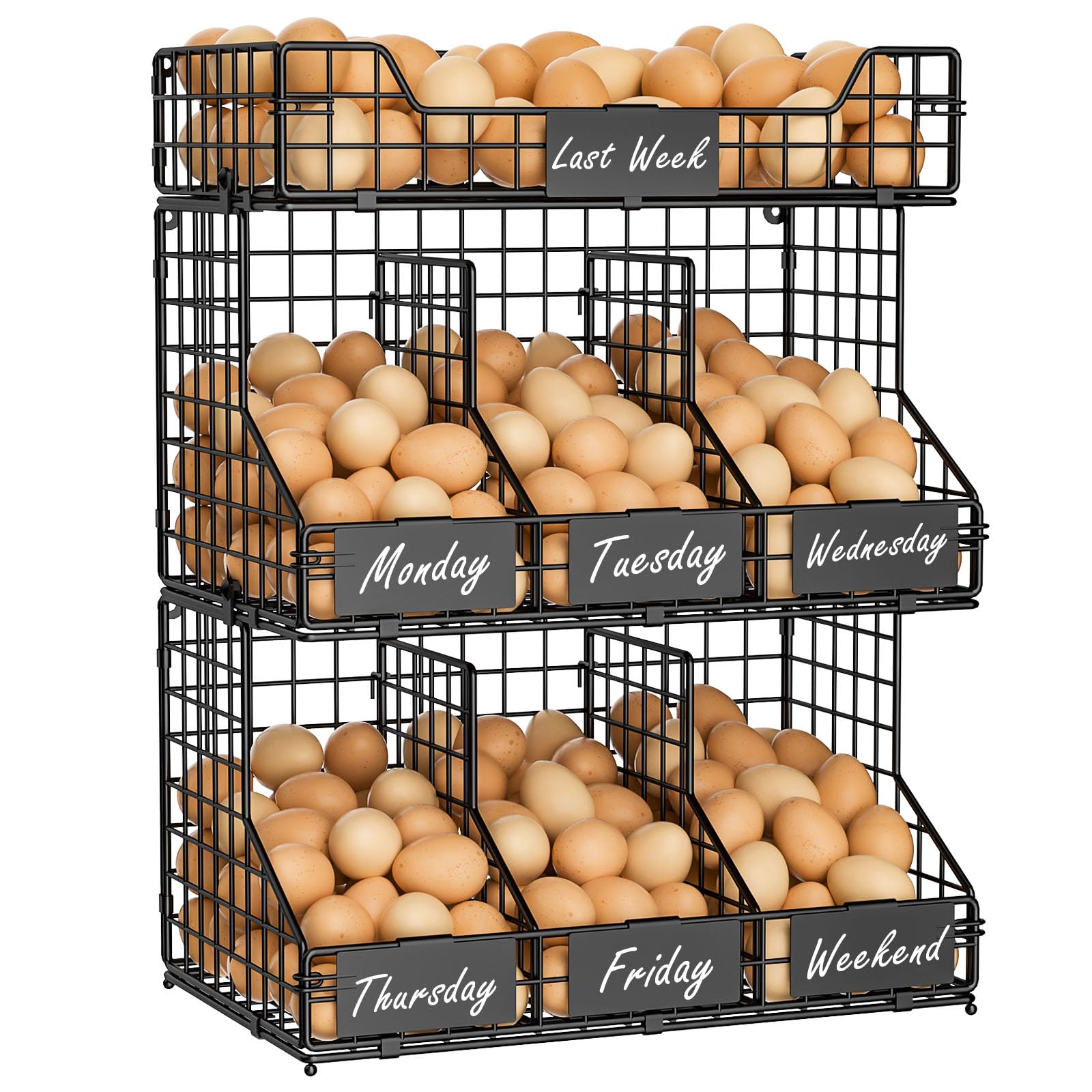 X-cosrack front view showing three stacked baskets and space-saving benefit