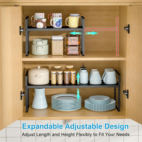 X-cosrack showing shelf height adjustment for taller mugs and bowls