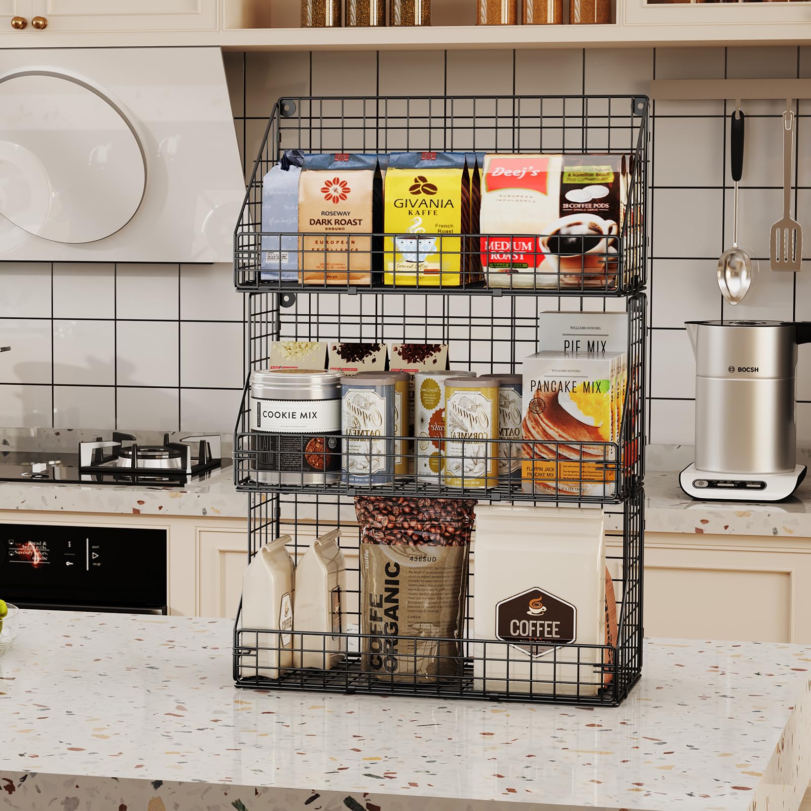 X-cosrack on kitchen countertop holding snacks and condiments for tidiness